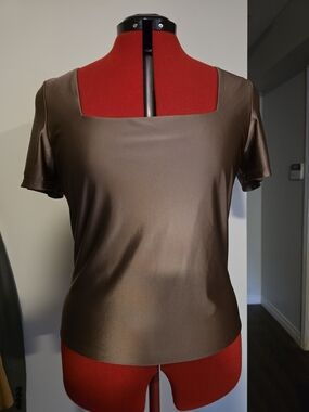 Square Neck Double Lined Short Sleeve Top Shiny Brown